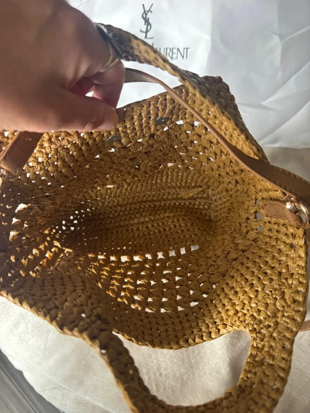 Yves Saint Laurent Tan Woven Raffia Crossbody with Gold YSL Emblem - Picture 4 of 8